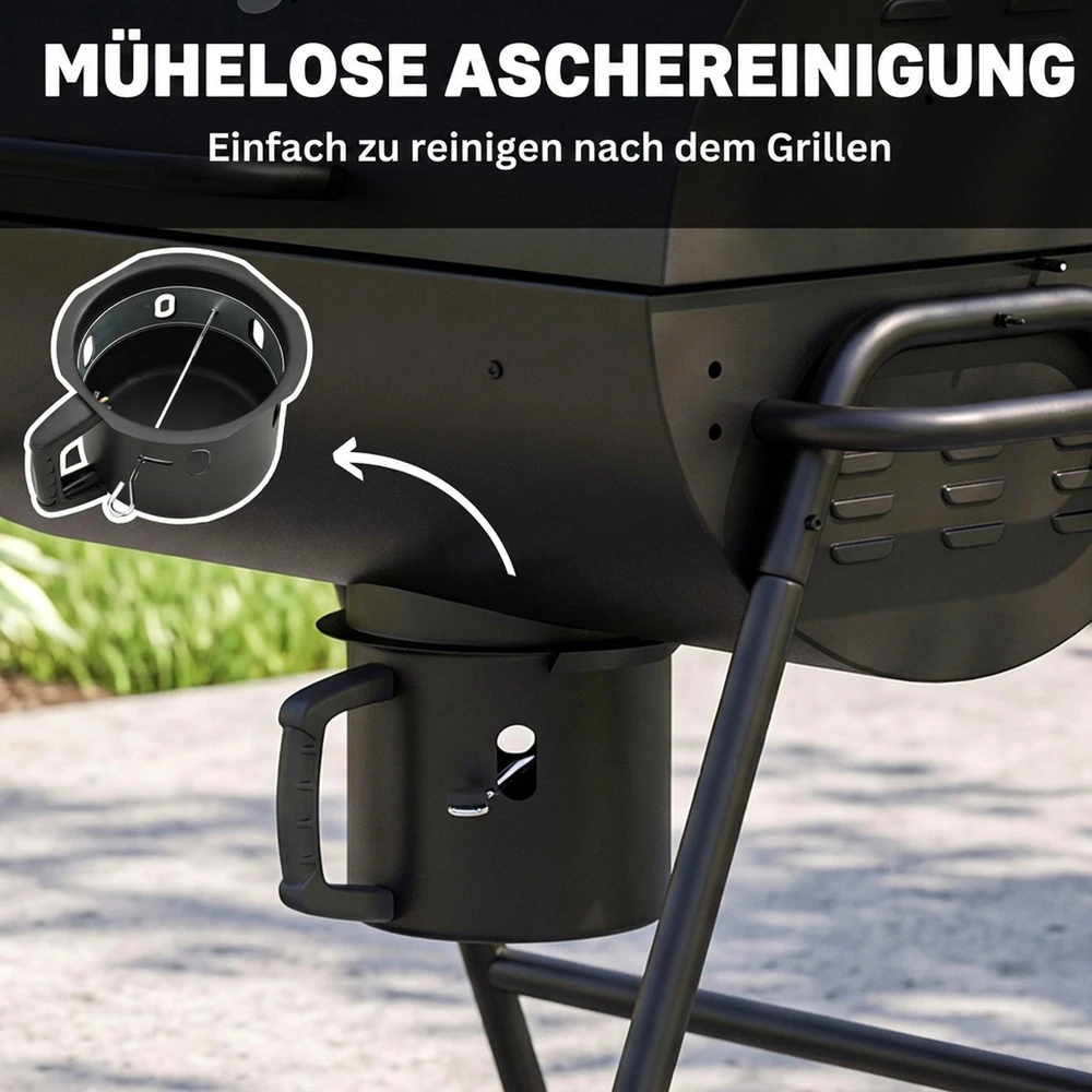 Outsunny metalinis anglies grilis, BBQ rūkykla su dangčiu, termometru, ratukais ir reguliuojama anglių talpykla, kilnojamas anglies grilis, kepsninė stovyklavimui, terasai, 95x71,5x102 cm