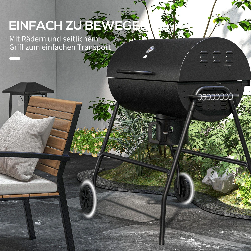 Outsunny metalinis anglies grilis, BBQ rūkykla su dangčiu, termometru, ratukais ir reguliuojama anglių talpykla, kilnojamas anglies grilis, kepsninė stovyklavimui, terasai, 95x71,5x102 cm