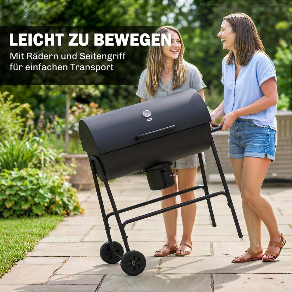 Outsunny metalinis anglies grilis, BBQ rūkykla su dangčiu, termometru, ratukais ir reguliuojama anglių talpykla, kilnojamas anglies grilis, kepsninė stovyklavimui, terasai, 95x71,5x102 cm