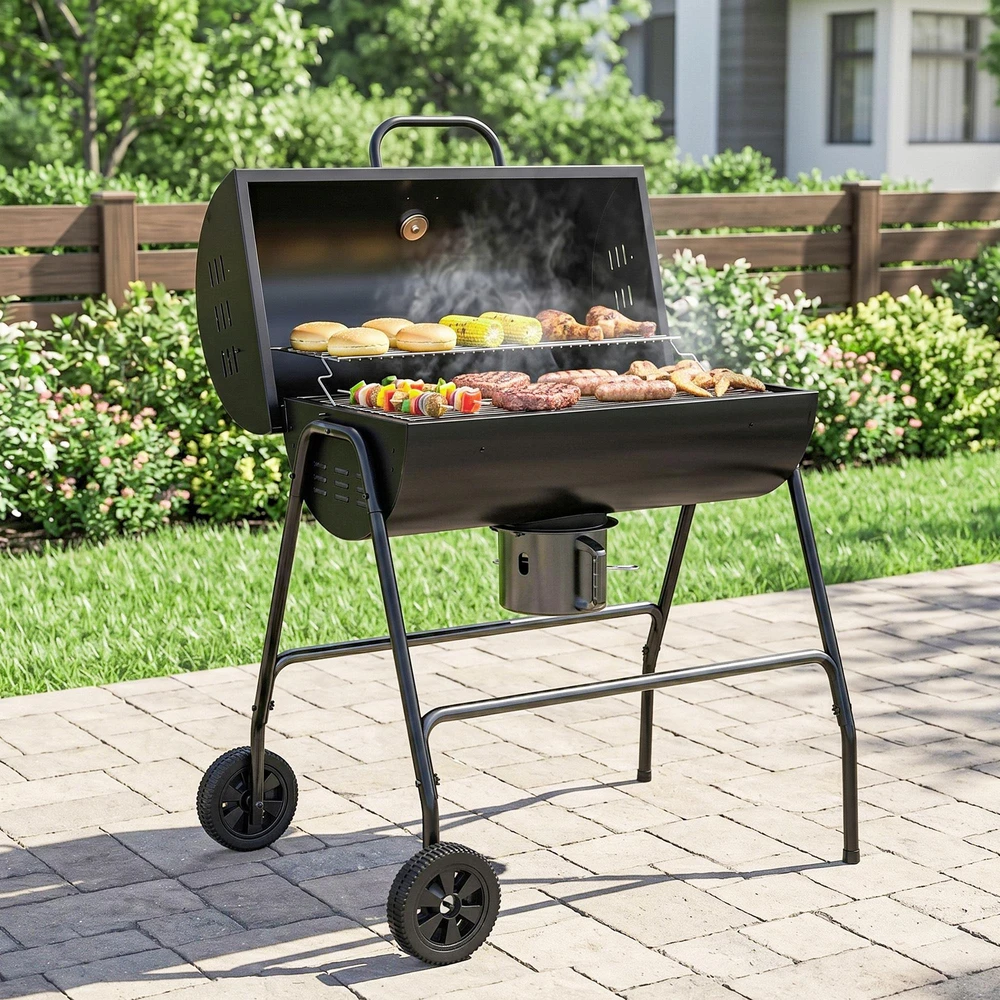 Outsunny metalinis anglies grilis, BBQ rūkykla su dangčiu, termometru, ratukais ir reguliuojama anglių talpykla, kilnojamas anglies grilis, kepsninė stovyklavimui, terasai, 95x71,5x102 cm