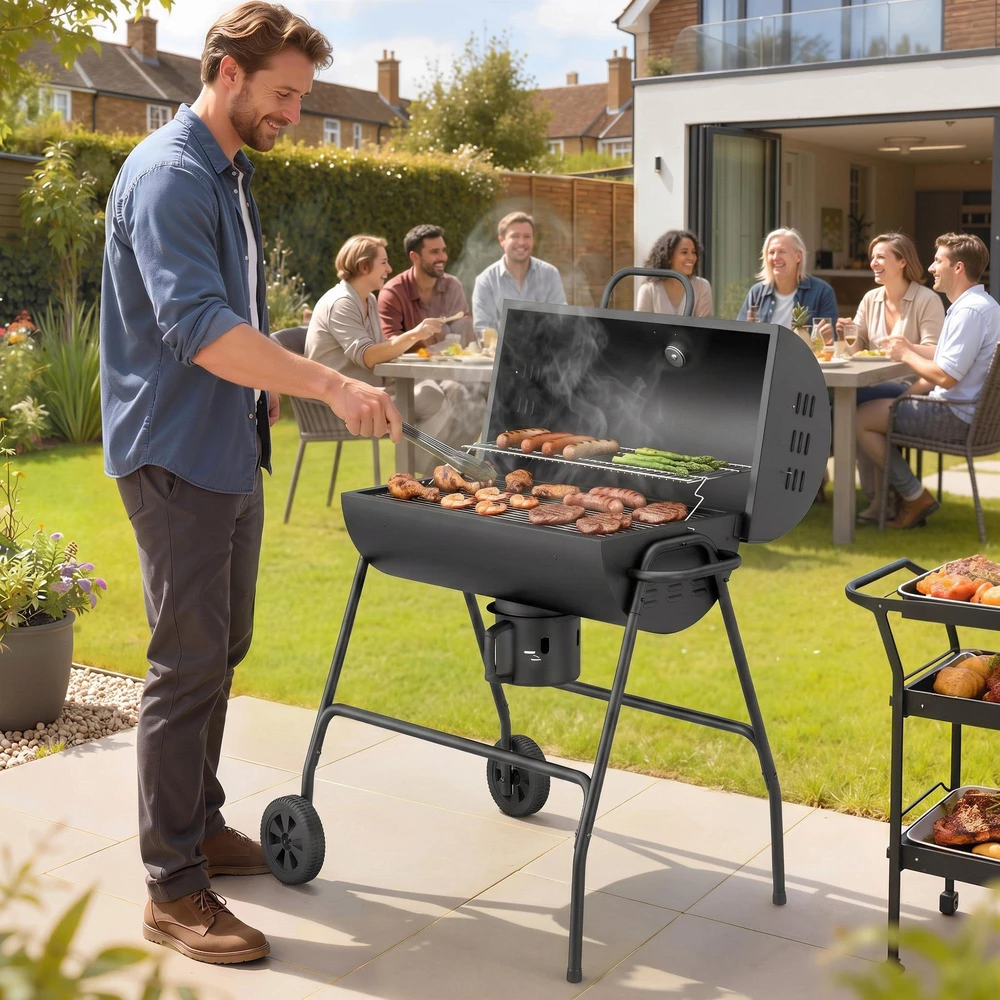 Outsunny metalinis anglies grilis, BBQ rūkykla su dangčiu, termometru, ratukais ir reguliuojama anglių talpykla, kilnojamas anglies grilis, kepsninė stovyklavimui, terasai, 95x71,5x102 cm