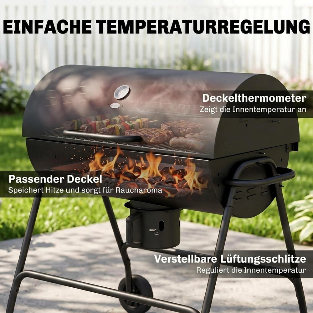 Outsunny metalinis anglies grilis, BBQ rūkykla su dangčiu, termometru, ratukais ir reguliuojama anglių talpykla, kilnojamas anglies grilis, kepsninė stovyklavimui, terasai, 95x71,5x102 cm