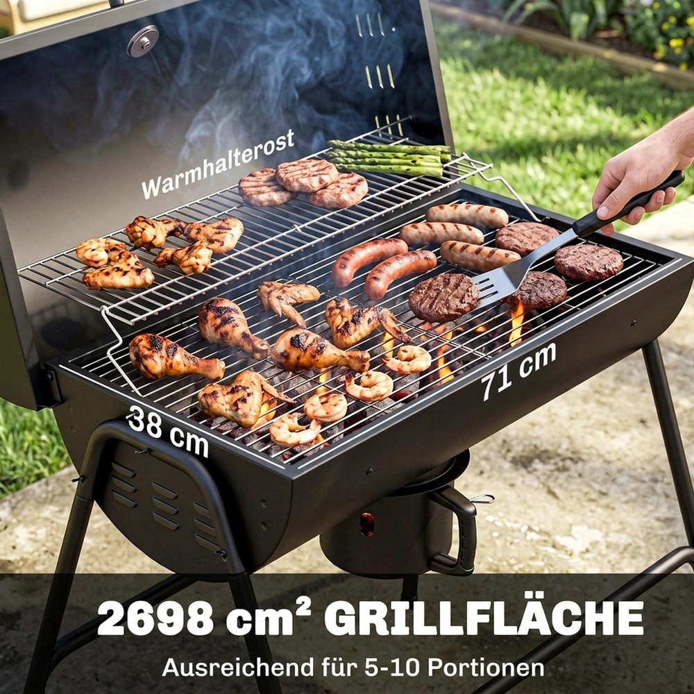 Outsunny metalinis anglies grilis, BBQ rūkykla su dangčiu, termometru, ratukais ir reguliuojama anglių talpykla, kilnojamas anglies grilis, kepsninė stovyklavimui, terasai, 95x71,5x102 cm