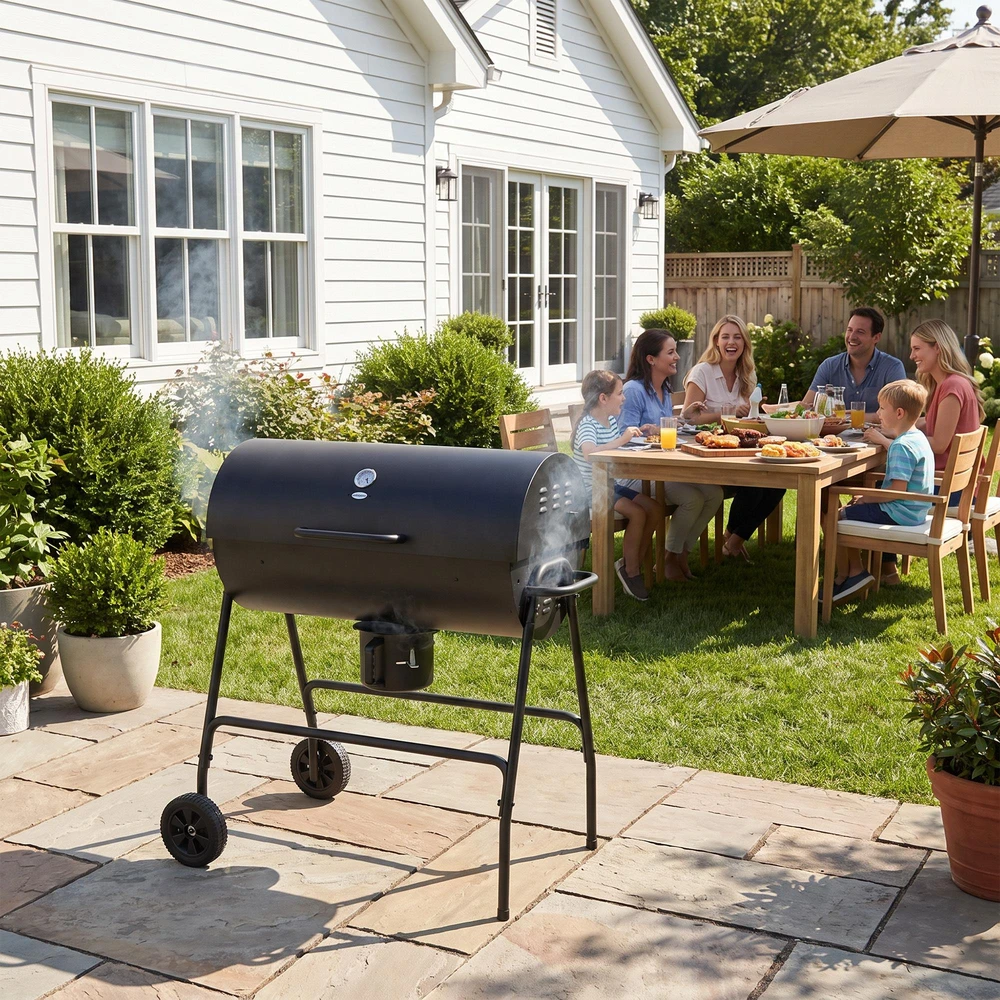 Outsunny metalinis anglies grilis, BBQ rūkykla su dangčiu, termometru, ratukais ir reguliuojama anglių talpykla, kilnojamas anglies grilis, kepsninė stovyklavimui, terasai, 95x71,5x102 cm