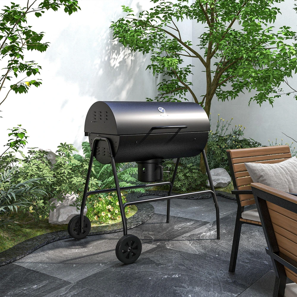Outsunny metalinis anglies grilis, BBQ rūkykla su dangčiu, termometru, ratukais ir reguliuojama anglių talpykla, kilnojamas anglies grilis, kepsninė stovyklavimui, terasai, 95x71,5x102 cm