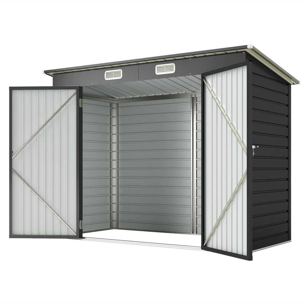 Outsunny plieno įrankių namelis, 2,7 m² sodo namelis su dvigubomis durimis, rakinamas sodo sandėliukas, atsparus UV spinduliams, 249 x 121 x 183 cm, pilkas