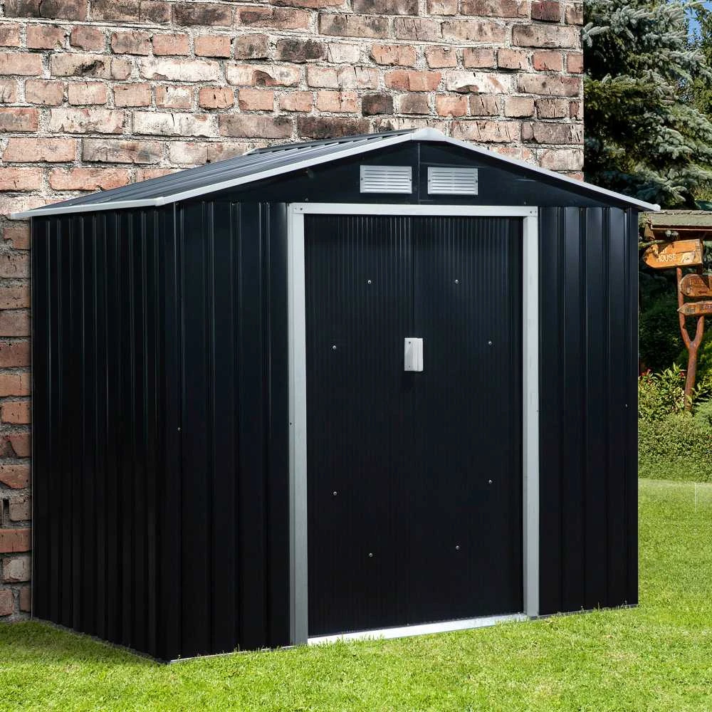 Outsunny sodo namelis, įrankių pašiūrė su grindų rėmu ir stumdomomis durimis, atsparus oro sąlygoms, plieno, anglies pilka spalva, 213 x 130 x 185 cm