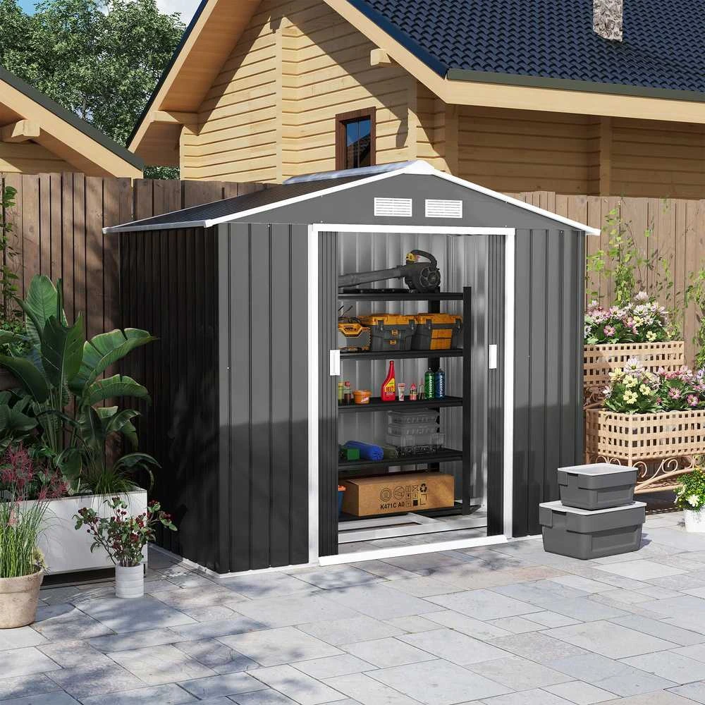 Outsunny sodo namelis, įrankių pašiūrė su grindų rėmu ir stumdomomis durimis, atsparus oro sąlygoms, plieno, anglies pilka spalva, 213 x 130 x 185 cm
