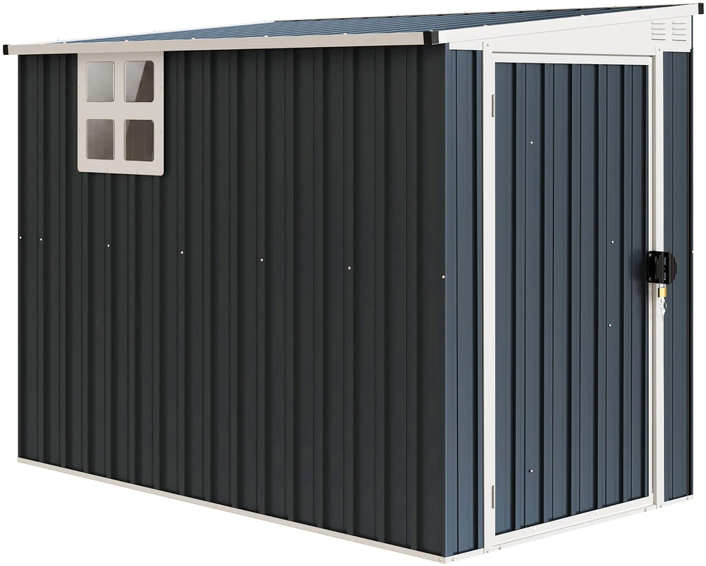 „Outsunny“ metalinis sodo namelis 2,7m² 128x231x181cm su šlaitiniu stogu, langu, rakinamomis durimis, atsparus oro sąlygoms, tamsiai pilkas