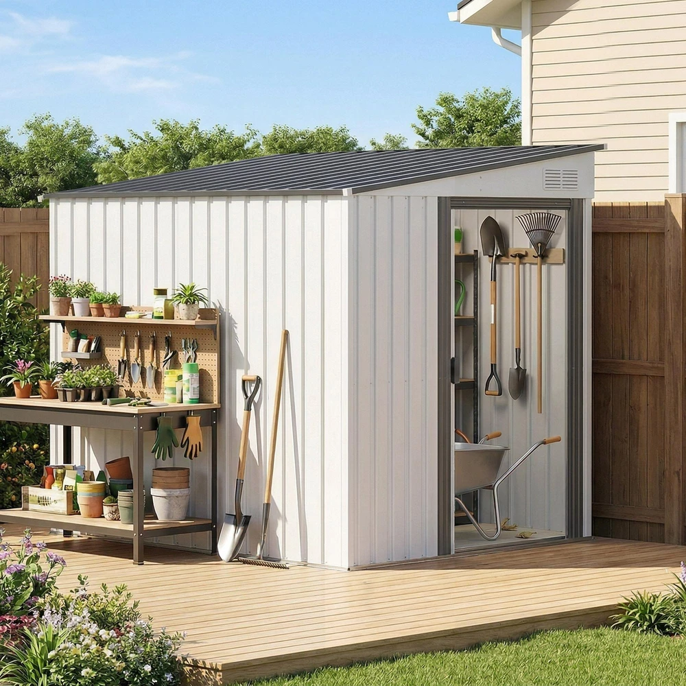 Outsunny metalinis sodo namelis 2,81 m² 154x206,5x181 cm įrankių namelis su vienšlaičiu stogu ir pamatu