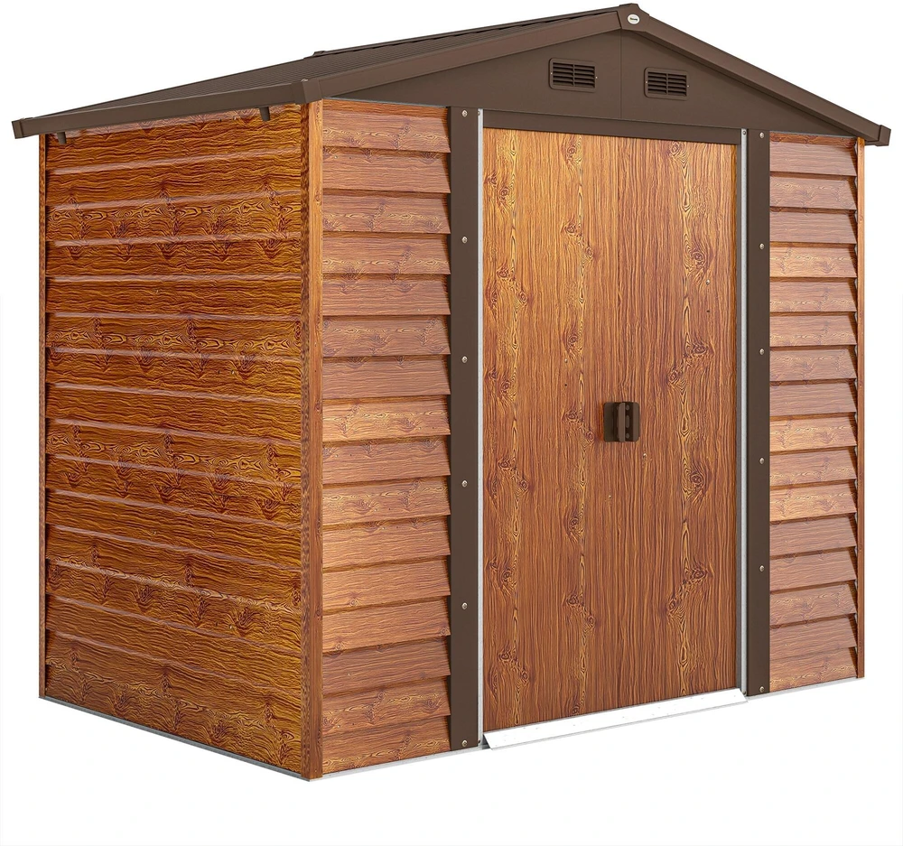 Outsunny metalinis sodo namelis, medžio imitacija, 3 m², 152 x 235,7 x 208,7 cm, įrankių pašiūrė su dvišlaičiu stogu, langu ir dvigubomis stumdomomis durimis, atsparus oro sąlygoms, lauko sandėliukas kiemui, rudas