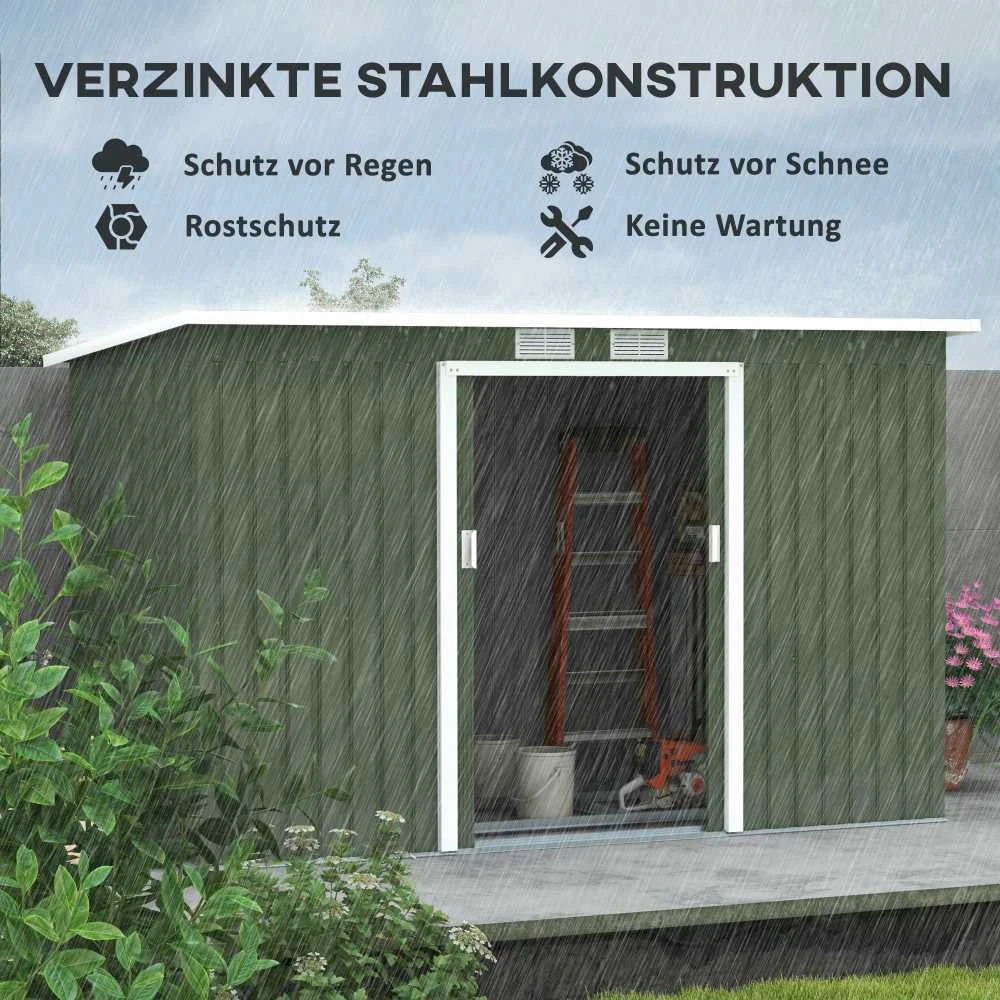 Outsunny sodo namelis, įrankių sandėliukas su stumdomomis durimis, ventiliacijos langais, šlaitiniu stogeliu, lauko, plieno, šviesiai žalias, 280 x 130 x 172 cm