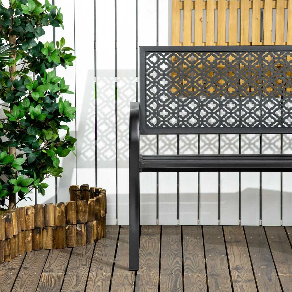 Outsunny plieno sodo suoliukas, 2 vietų parko suoliukas su atlošu ir porankiais, suoliukas su gėlių raštu, maks. 240 kg, juodas, 127 x 63 x 83 cm