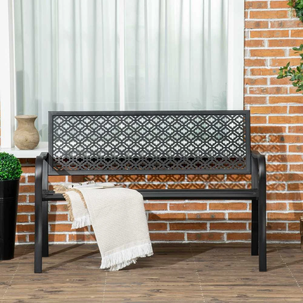 Outsunny plieno sodo suoliukas, 2 vietų parko suoliukas su atlošu ir porankiais, suoliukas su gėlių raštu, maks. 240 kg, juodas, 127 x 63 x 83 cm