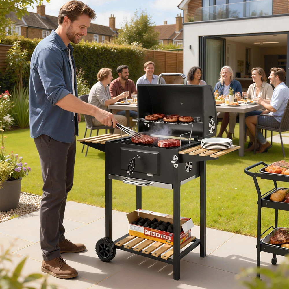 Outsunny mobilus nerūdijančio plieno kepsninė, vežimėlis su dangčiu, termometru, grotelėmis, ratukais, reguliuojama rankena ir anglių loveliu, grilis su medine lentyna, BBQ rūkykla kempingui ir sodui, 112x58x107cm