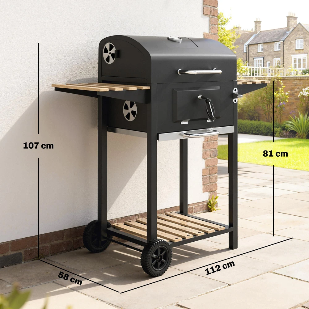 Outsunny mobilus nerūdijančio plieno kepsninė, vežimėlis su dangčiu, termometru, grotelėmis, ratukais, reguliuojama rankena ir anglių loveliu, grilis su medine lentyna, BBQ rūkykla kempingui ir sodui, 112x58x107cm