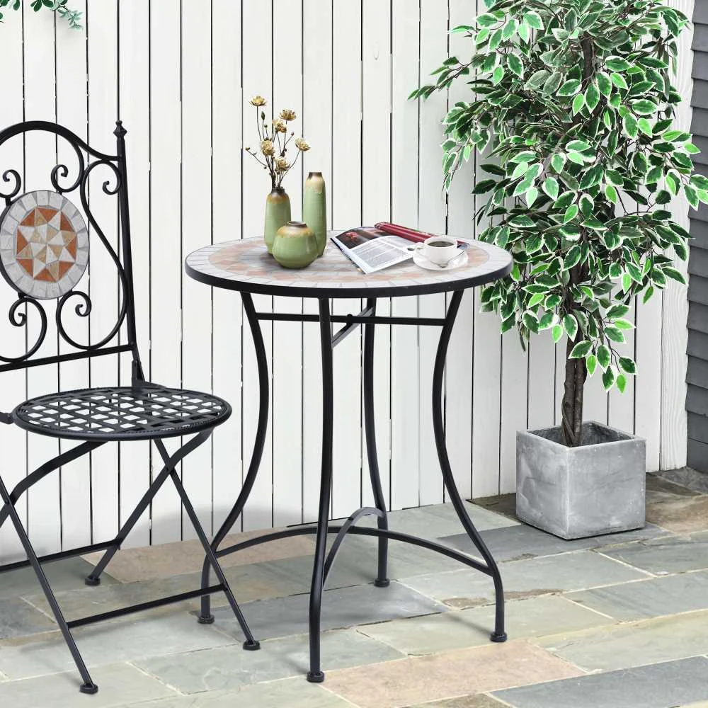 Outsunny sodo stalas, mozaikinis staliukas, balkono staliukas, šoninis staliukas, apvalus plieno ir keraminis staliukas, oranžinis ir baltas, Ø60 x A71 cm