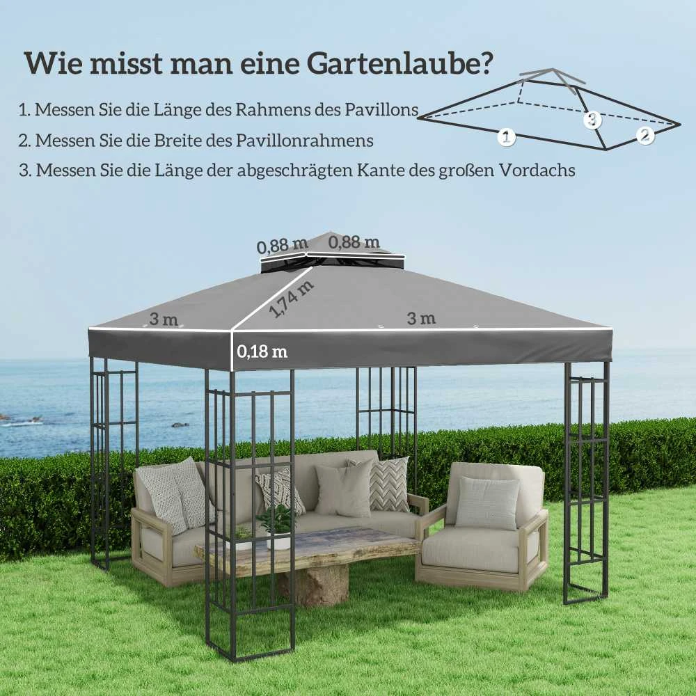 Atsarginis stogas Outsunny pavėsinei 3 x 3 m, vandeniui atsparus pavėsinės stogas, dvigubas atsarginis uždangalas sodo pavėsinei, atsarginės dalys iš Oksfordo audinio, 370 g/m², tamsiai pilkas