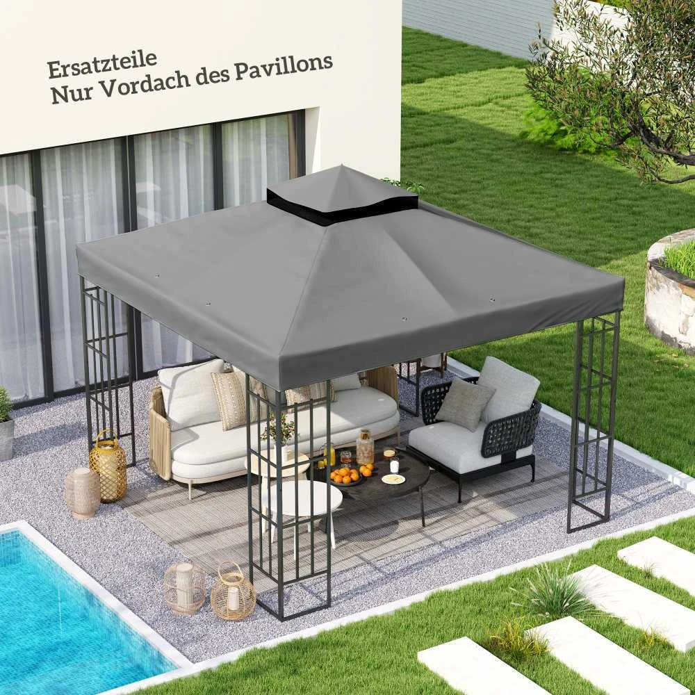 Atsarginis stogas Outsunny pavėsinei 3 x 3 m, vandeniui atsparus pavėsinės stogas, dvigubas atsarginis uždangalas sodo pavėsinei, atsarginės dalys iš Oksfordo audinio, 370 g/m², tamsiai pilkas