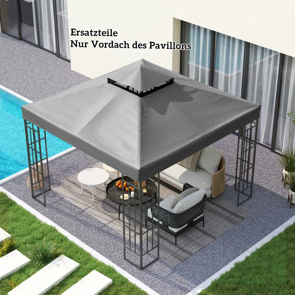 Atsarginis stogas Outsunny pavėsinei 3 x 3 m, vandeniui atsparus pavėsinės stogas, dvigubas atsarginis uždangalas sodo pavėsinei, atsarginės dalys iš Oksfordo audinio, 370 g/m², tamsiai pilkas