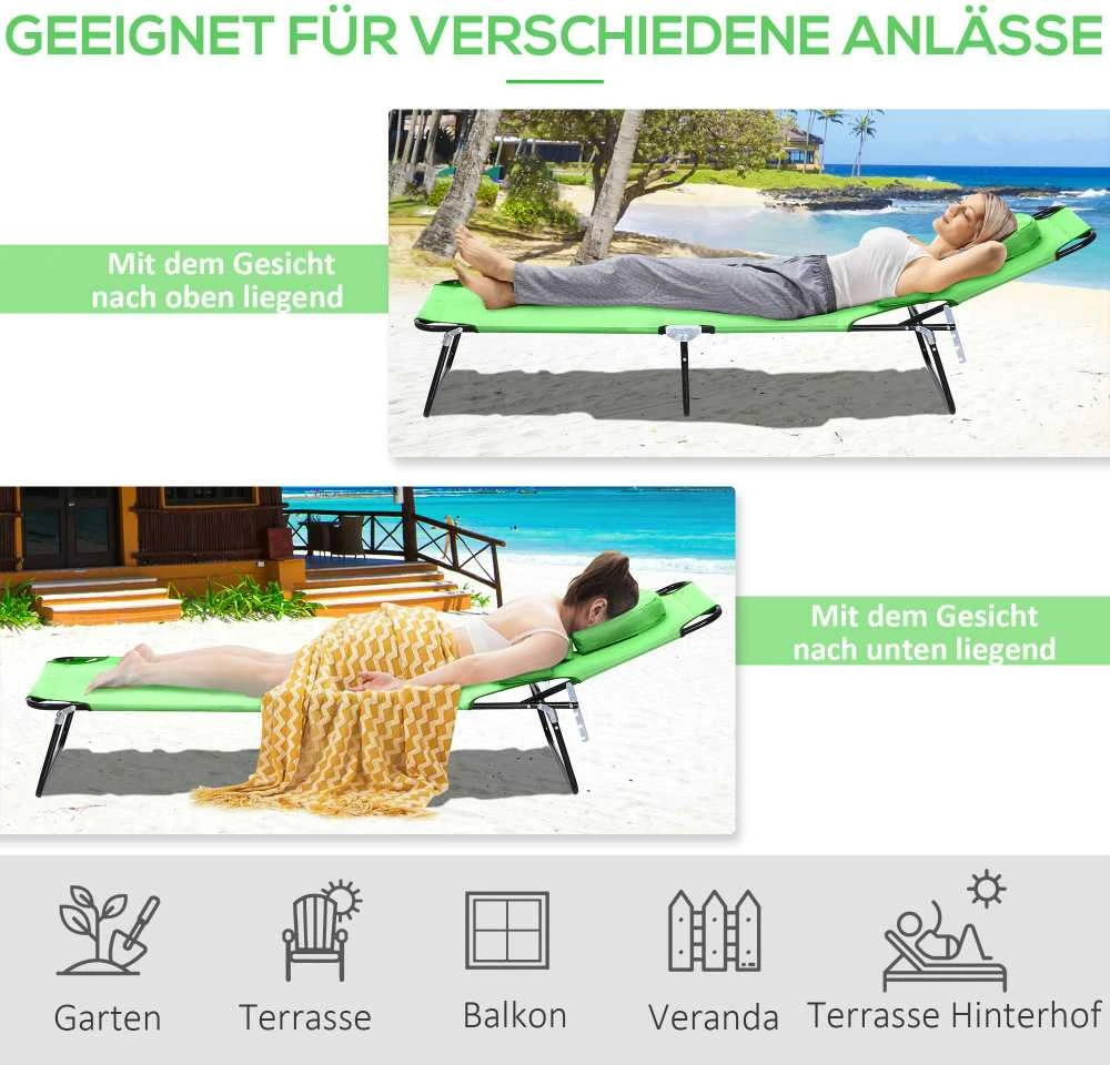„Outsunny“ sulankstomas sodo gultas su anga skaitymui, pagalve, 4 padėčių reguliuojamu atlošu, atsparus oro sąlygoms kempingo gultas iki 120 kg, sodui, paplūdimiui, baseinui, žalias