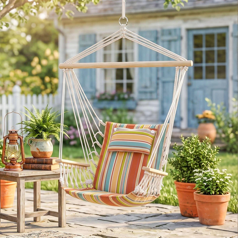 „Outsunny“ pakabinamas krėslas su skersiniu ir pagalve, lengvai nešiojamas, paprastai supakuojamas ir sandėliuojamas, išlaiko iki 100 kg svorį, daugiaspalvis