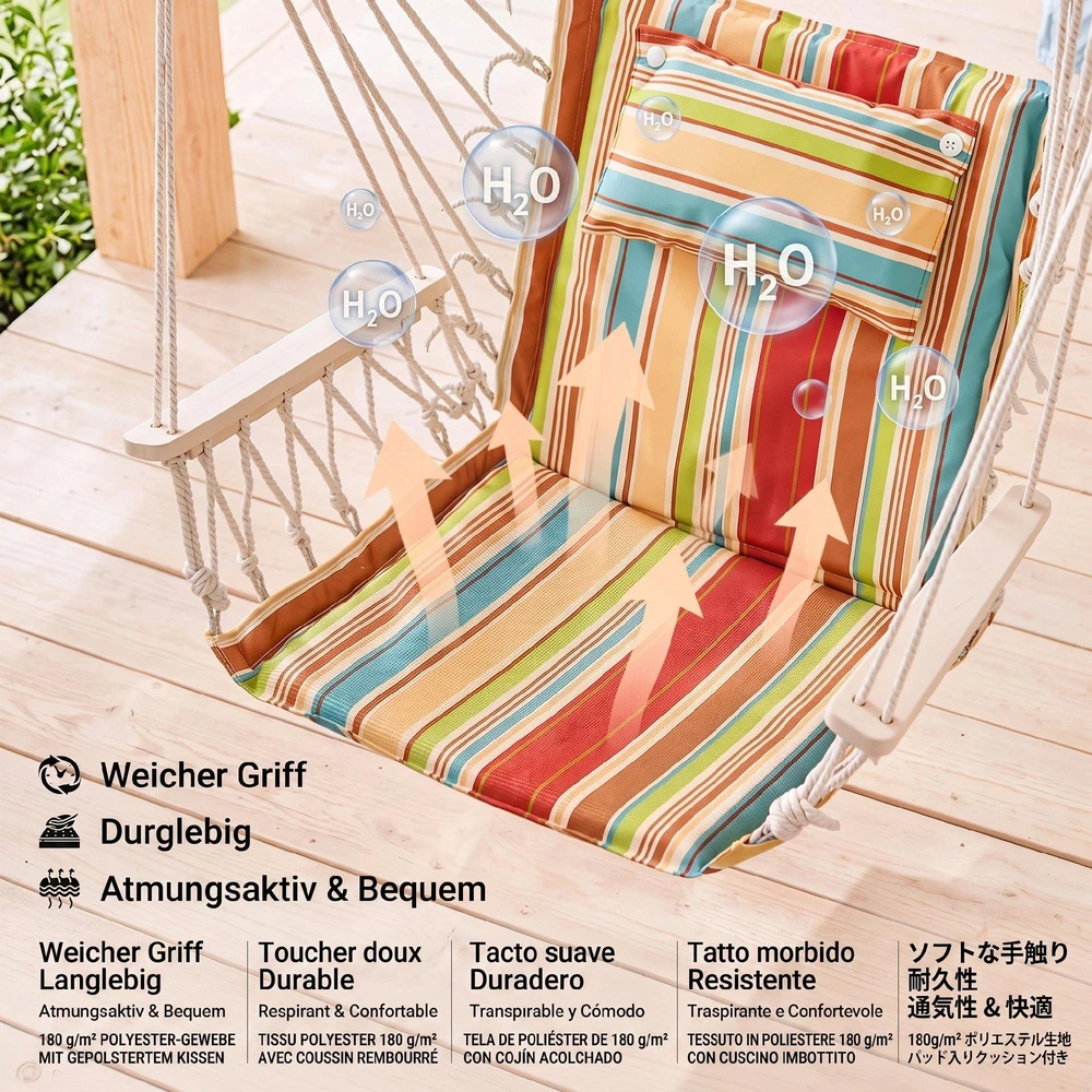 „Outsunny“ pakabinamas krėslas su skersiniu ir pagalve, lengvai nešiojamas, paprastai supakuojamas ir sandėliuojamas, išlaiko iki 100 kg svorį, daugiaspalvis