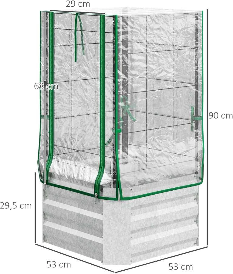 Outsunny Pakeliamų lysvių rinkinys, sodinimo dėžė su plastikiniu dangčiu ir atrama vijokliniams augalams, 53x53x90 cm
