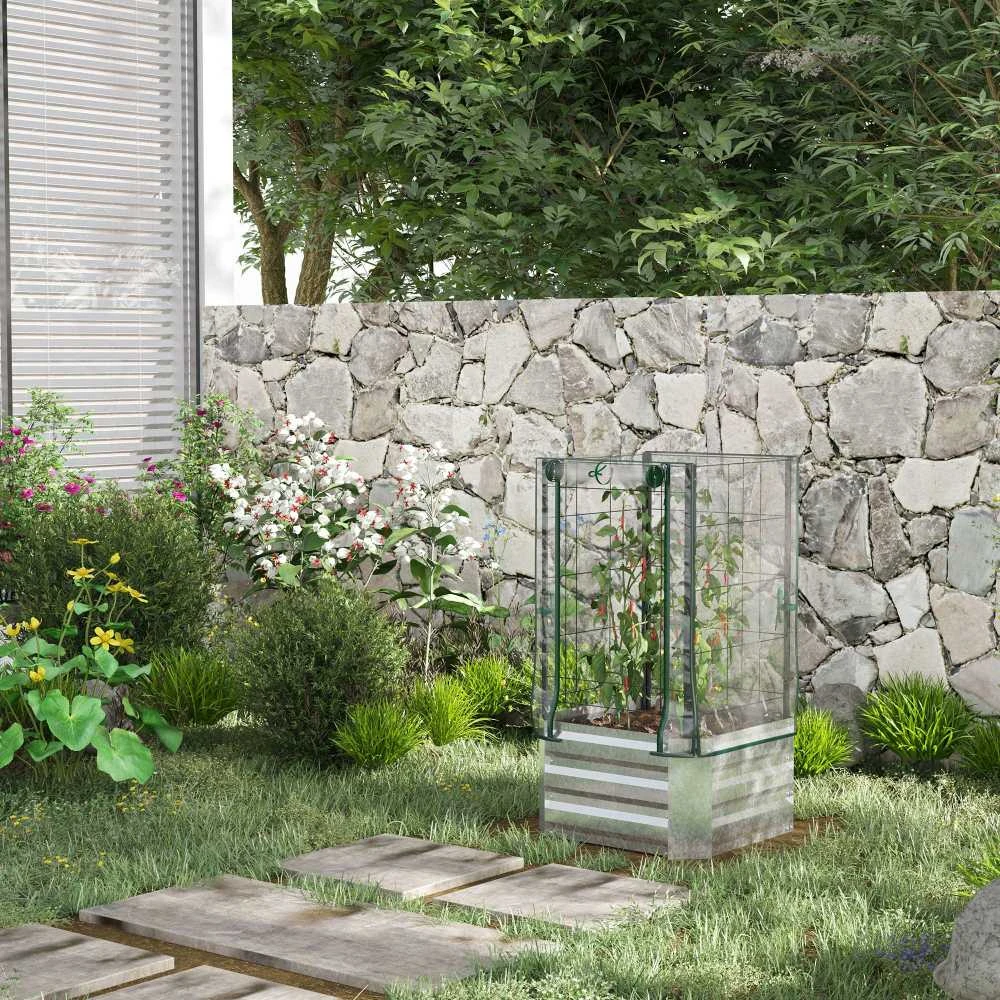 Outsunny Pakeliamų lysvių rinkinys, sodinimo dėžė su plastikiniu dangčiu ir atrama vijokliniams augalams, 53x53x90 cm