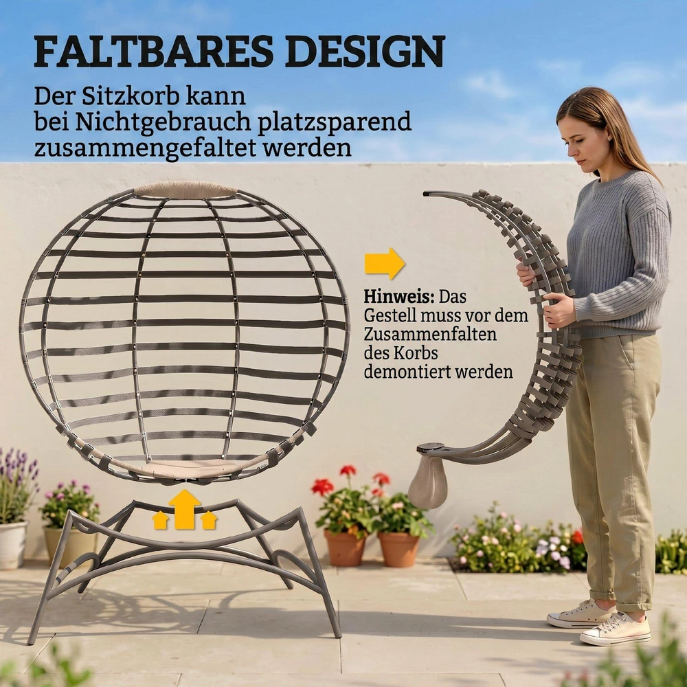 Outsunny Papasan sodo kėdė, 2 krepšiai, pagalvėlė, ovalus poilsio krėslas, sulankstomas, balkonui, terasai, smėlio spalvos, plienas, 118x75x139 cm