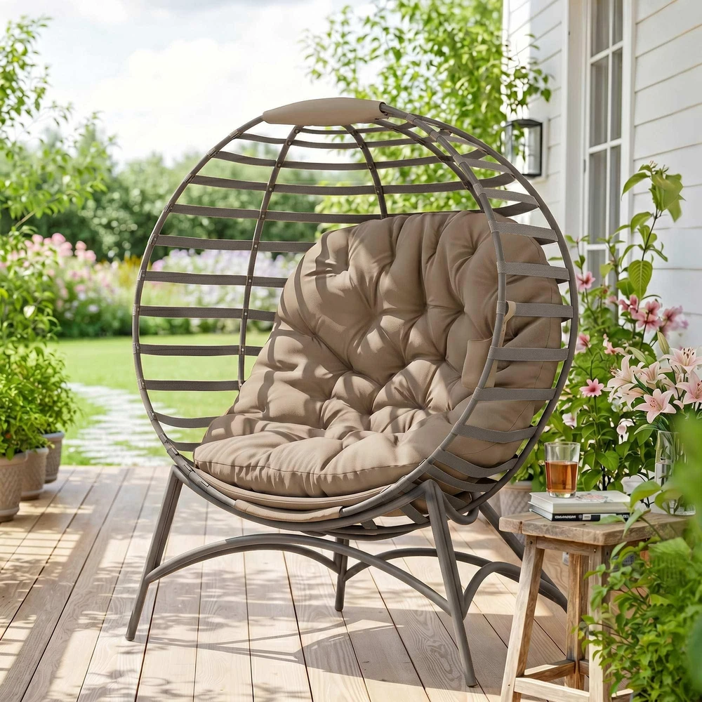 Outsunny Papasan sodo kėdė, 2 krepšiai, pagalvėlė, ovalus poilsio krėslas, sulankstomas, balkonui, terasai, smėlio spalvos, plienas, 118x75x139 cm
