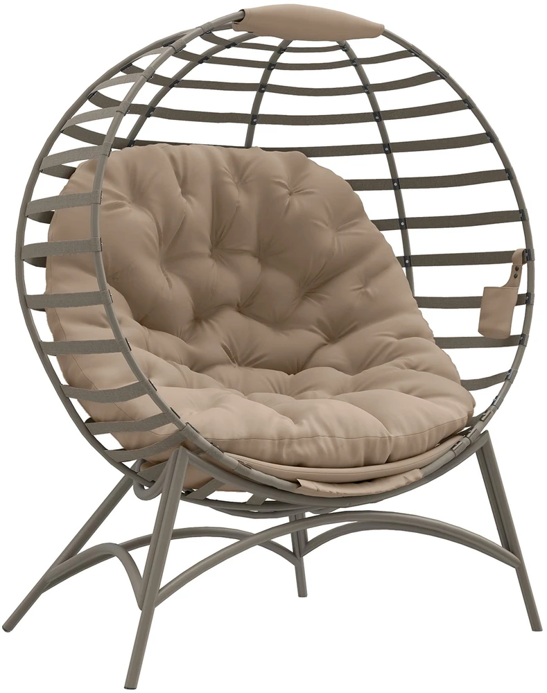 Outsunny Papasan sodo kėdė, 2 krepšiai, pagalvėlė, ovalus poilsio krėslas, sulankstomas, balkonui, terasai, smėlio spalvos, plienas, 118x75x139 cm