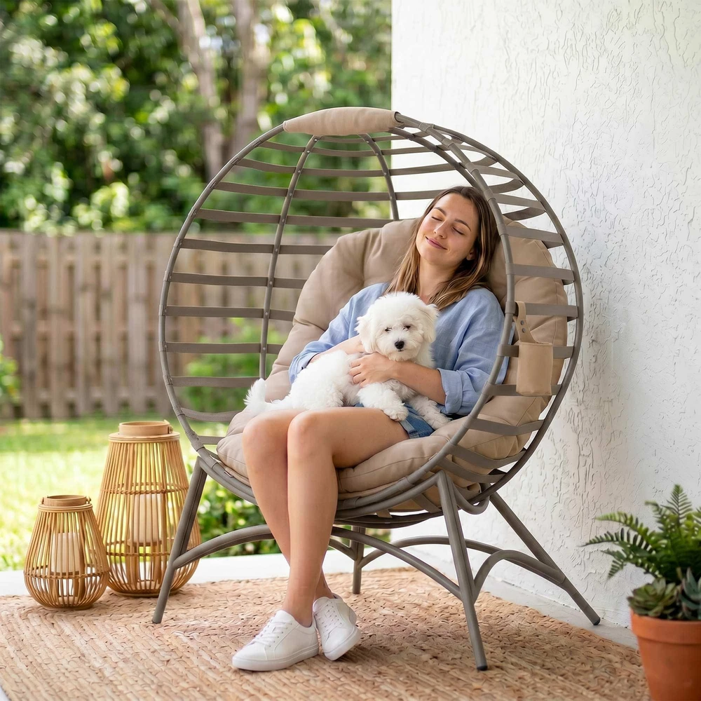Outsunny Papasan sodo kėdė, 2 krepšiai, pagalvėlė, ovalus poilsio krėslas, sulankstomas, balkonui, terasai, smėlio spalvos, plienas, 118x75x139 cm