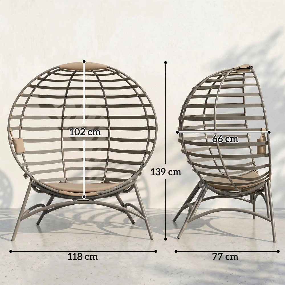 Outsunny Papasan sodo kėdė, 2 krepšiai, pagalvėlė, ovalus poilsio krėslas, sulankstomas, balkonui, terasai, smėlio spalvos, plienas, 118x75x139 cm