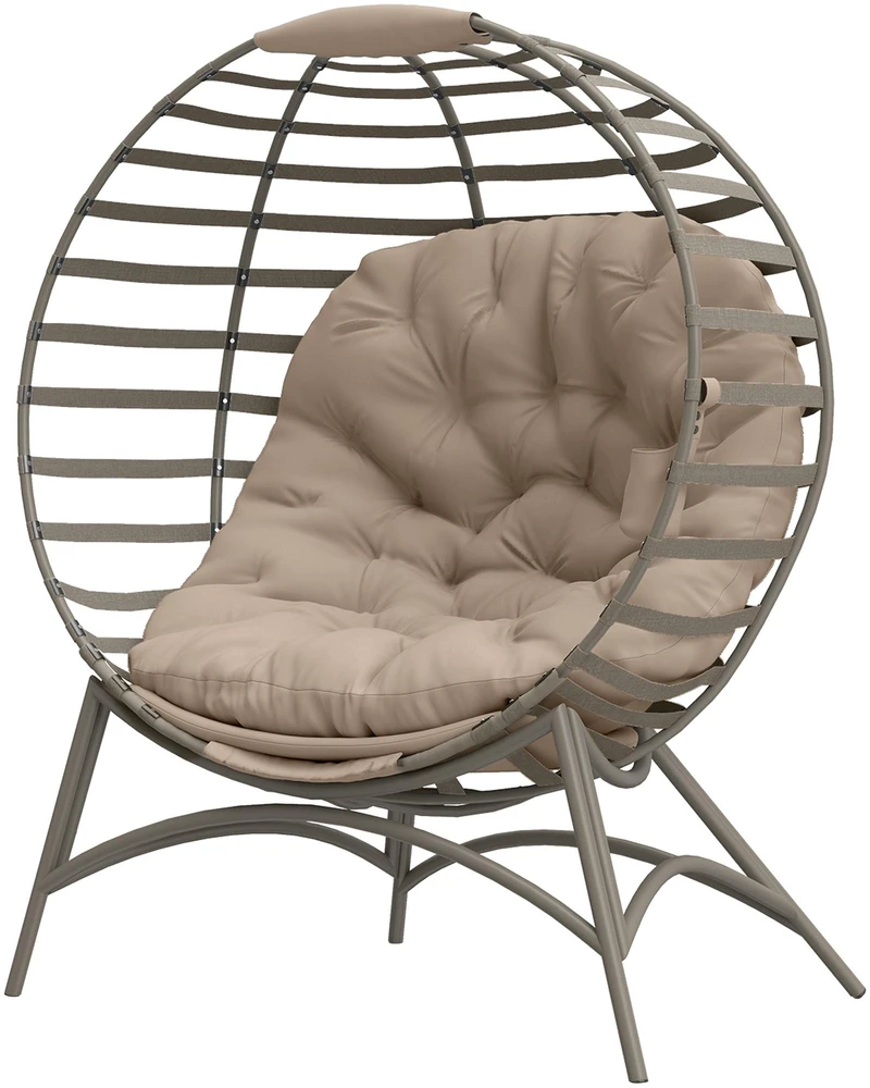 Outsunny Papasan sodo kėdė, 2 krepšiai, pagalvėlė, ovalus poilsio krėslas, sulankstomas, balkonui, terasai, smėlio spalvos, plienas, 118x75x139 cm
