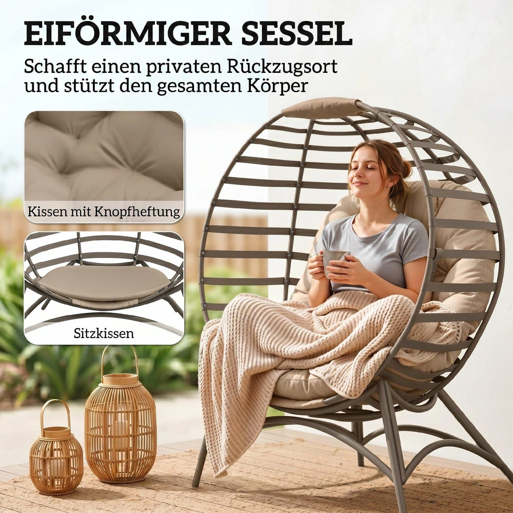 Outsunny Papasan sodo kėdė, 2 krepšiai, pagalvėlė, ovalus poilsio krėslas, sulankstomas, balkonui, terasai, smėlio spalvos, plienas, 118x75x139 cm