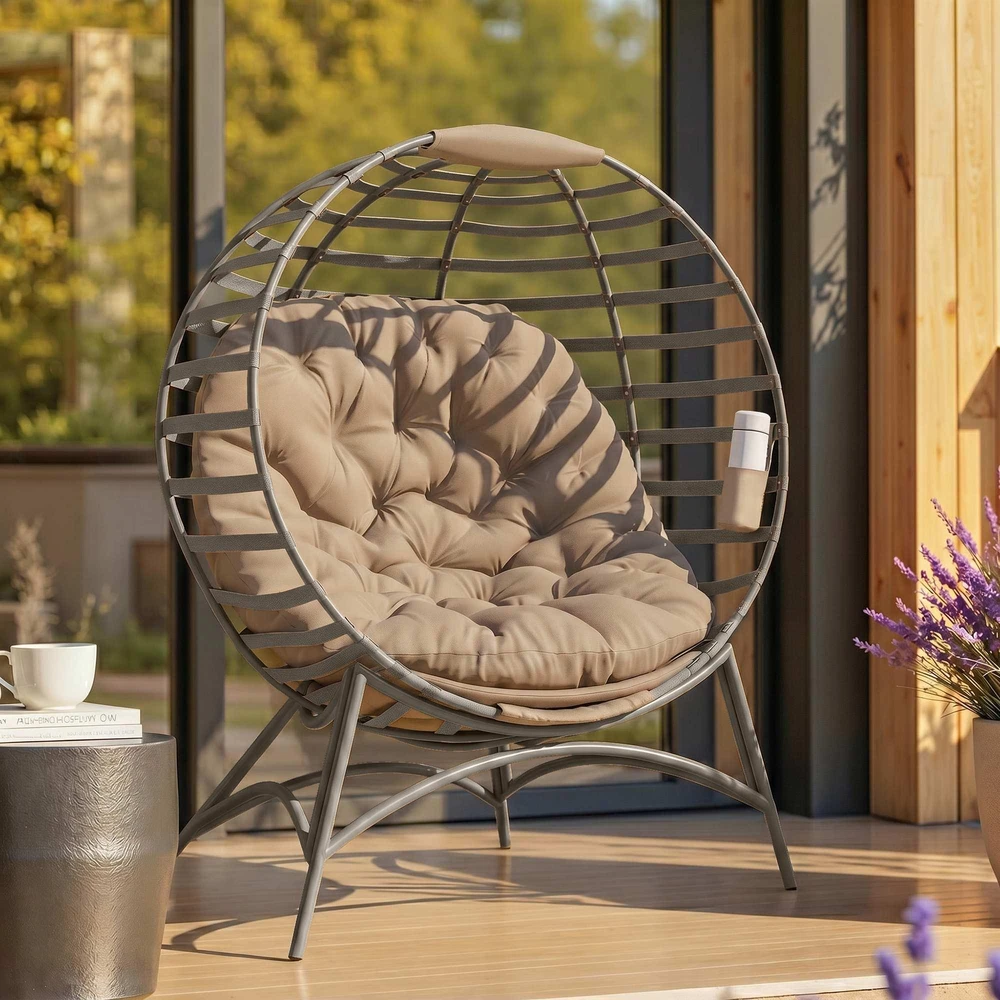 Outsunny Papasan sodo kėdė, 2 krepšiai, pagalvėlė, ovalus poilsio krėslas, sulankstomas, balkonui, terasai, smėlio spalvos, plienas, 118x75x139 cm