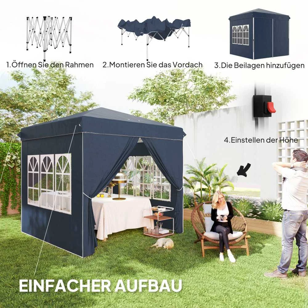 Outsunny pavėsinė 2,5x2,5m, vandeniui atspari, stabili, tinkama žiemai, išskleidžiama (pop-up), su UV 50+ apsauga, sulankstoma palapinė vakarėliams, sodo palapinė su 4 šoninėmis sienelėmis ir krepšiu, tamsiai mėlyna