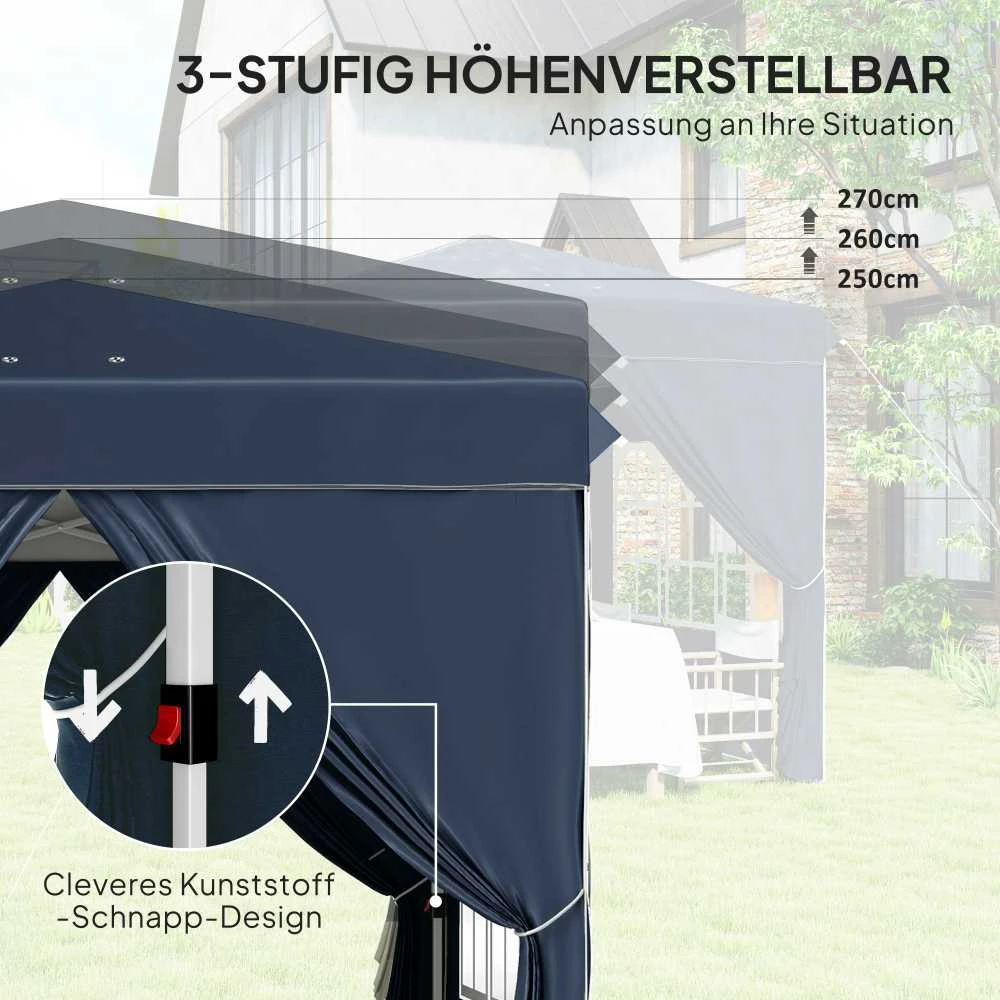 Outsunny pavėsinė 2,5x2,5m, vandeniui atspari, stabili, tinkama žiemai, išskleidžiama (pop-up), su UV 50+ apsauga, sulankstoma palapinė vakarėliams, sodo palapinė su 4 šoninėmis sienelėmis ir krepšiu, tamsiai mėlyna