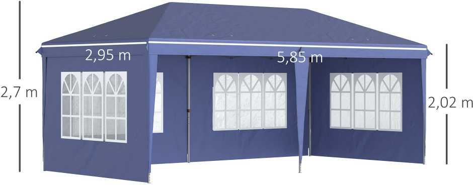 Outsunny sulankstoma pavėsinė 2,95 x 5,85 m, vakarėlių palapinė su UV apsauga, pop-up pavėsinė su langais, šoninėmis sienelėmis, sodo palapinė, Oksfordo audinys, plienas, mėlyna