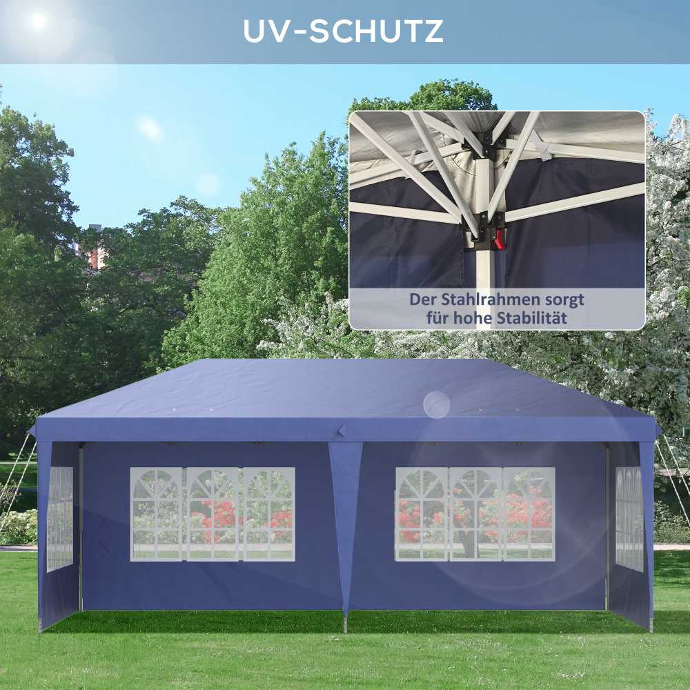 Outsunny sulankstoma pavėsinė 2,95 x 5,85 m, vakarėlių palapinė su UV apsauga, pop-up pavėsinė su langais, šoninėmis sienelėmis, sodo palapinė, Oksfordo audinys, plienas, mėlyna