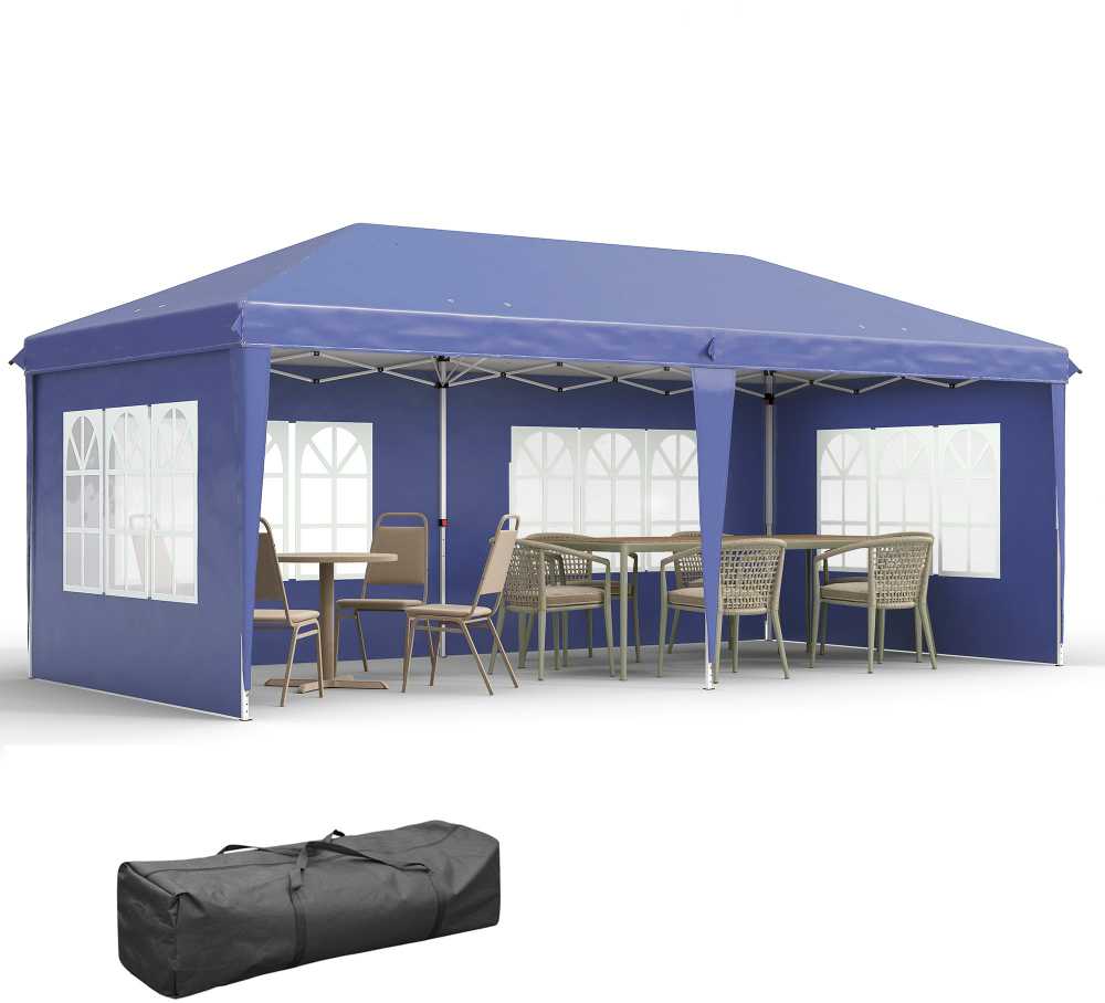 Outsunny sulankstoma pavėsinė 2,95 x 5,85 m, vakarėlių palapinė su UV apsauga, pop-up pavėsinė su langais, šoninėmis sienelėmis, sodo palapinė, Oksfordo audinys, plienas, mėlyna