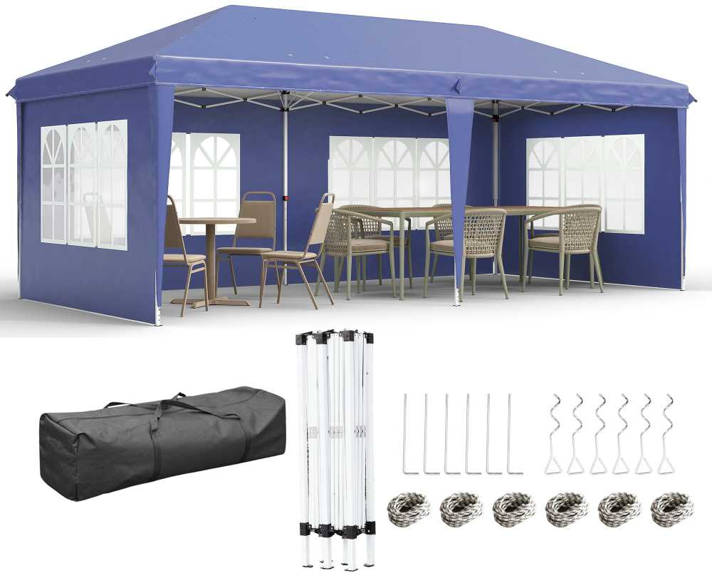 Outsunny sulankstoma pavėsinė 2,95 x 5,85 m, vakarėlių palapinė su UV apsauga, pop-up pavėsinė su langais, šoninėmis sienelėmis, sodo palapinė, Oksfordo audinys, plienas, mėlyna