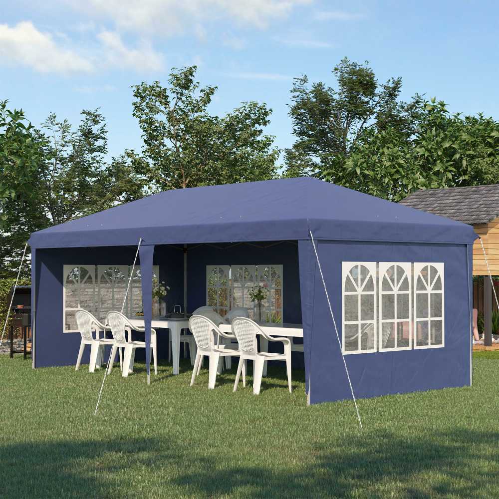 Outsunny sulankstoma pavėsinė 2,95 x 5,85 m, vakarėlių palapinė su UV apsauga, pop-up pavėsinė su langais, šoninėmis sienelėmis, sodo palapinė, Oksfordo audinys, plienas, mėlyna