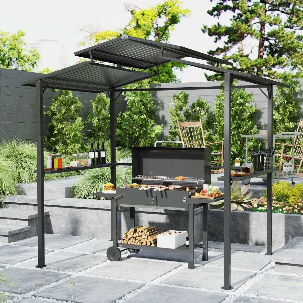 Outsunny kepsninių pavėsinė 250 x 160 x 250 cm, vandeniui atspari sodo pavėsinė su dvigubu stogu, šoninėmis lentynomis, UV apsauga, BBQ pavėsinė, sodo palapinė kepsninėms, vakarėliams, juoda