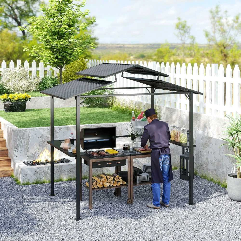 Outsunny kepsninių pavėsinė 250 x 160 x 250 cm, vandeniui atspari sodo pavėsinė su dvigubu stogu, šoninėmis lentynomis, UV apsauga, BBQ pavėsinė, sodo palapinė kepsninėms, vakarėliams, juoda