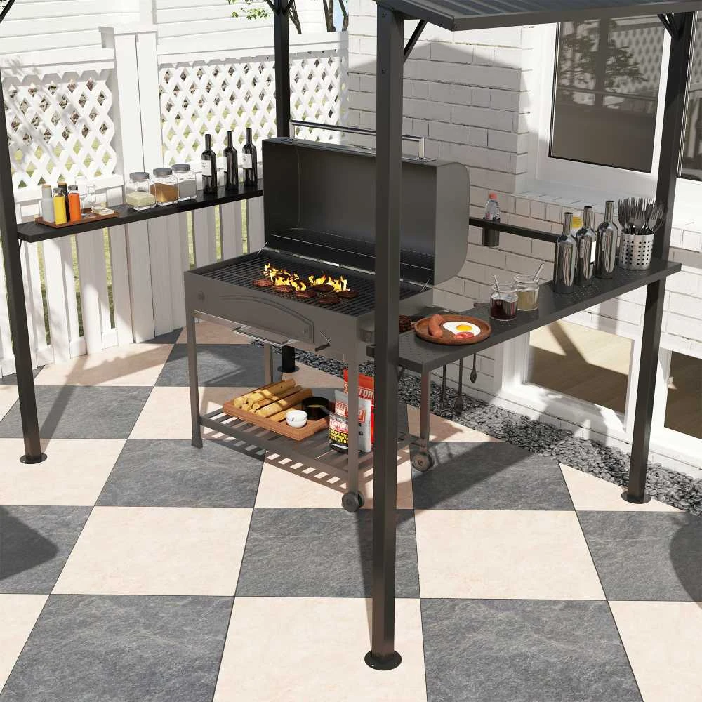 Outsunny kepsninių pavėsinė 250 x 160 x 250 cm, vandeniui atspari sodo pavėsinė su dvigubu stogu, šoninėmis lentynomis, UV apsauga, BBQ pavėsinė, sodo palapinė kepsninėms, vakarėliams, juoda