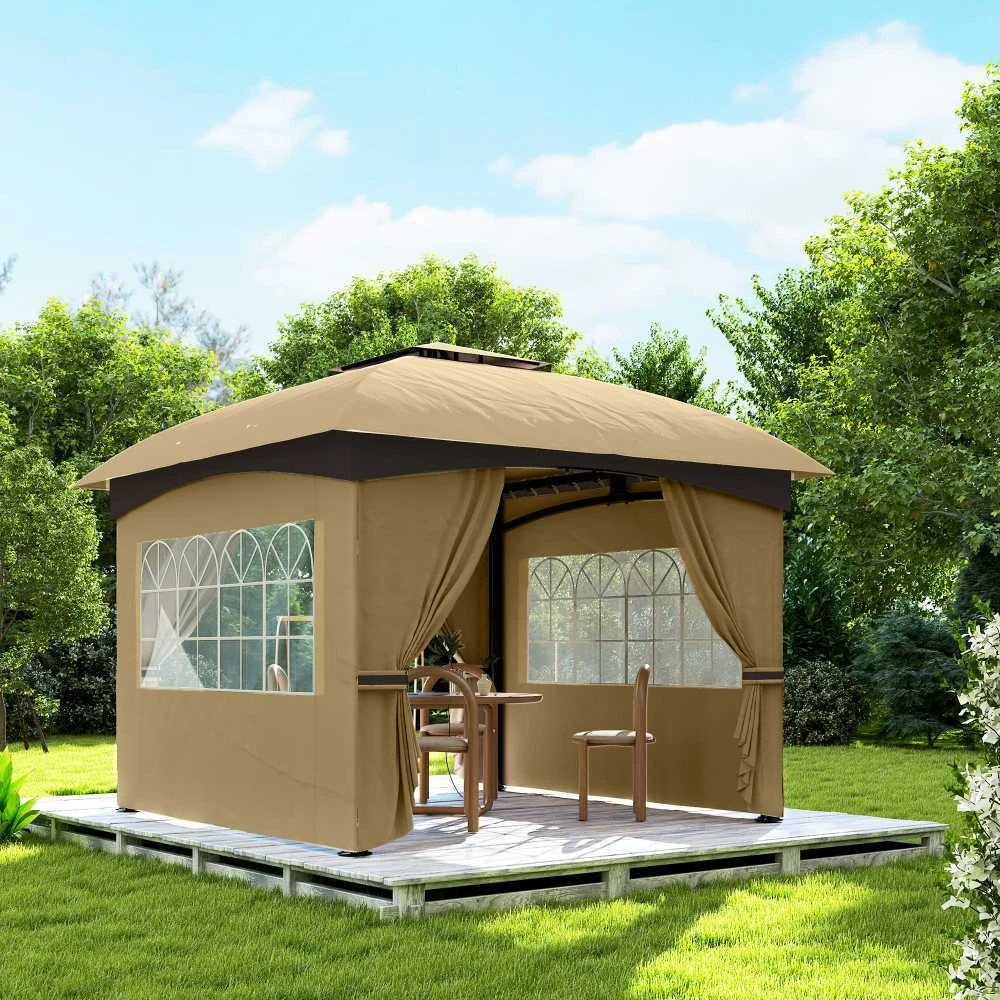 Outsunny sodo pavėsinė, apie 3,4x3,4 m, atspari vandeniui, su 4 šoninėmis sienelėmis, dvigubu stogu, vakarėlių palapinė su UV apsauga, sodo palapinė su cinkuoto metalo rėmu, smėlio spalvos