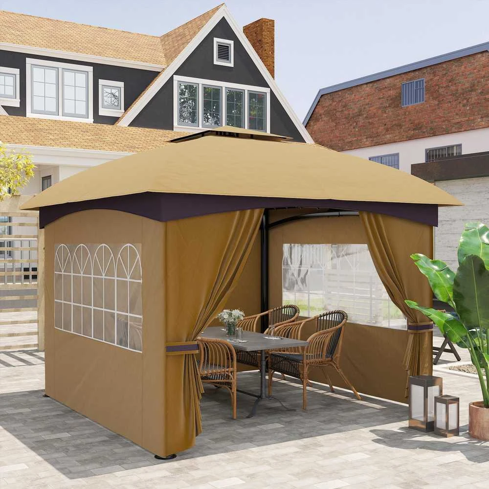 Outsunny sodo pavėsinė, apie 3,4x3,4 m, atspari vandeniui, su 4 šoninėmis sienelėmis, dvigubu stogu, vakarėlių palapinė su UV apsauga, sodo palapinė su cinkuoto metalo rėmu, smėlio spalvos