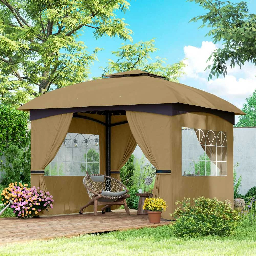 Outsunny sodo pavėsinė, apie 3,4x3,4 m, atspari vandeniui, su 4 šoninėmis sienelėmis, dvigubu stogu, vakarėlių palapinė su UV apsauga, sodo palapinė su cinkuoto metalo rėmu, smėlio spalvos